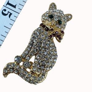 Gold-Tone Crystal Rhinestone Cat Brooch Pin With Red & Green Accents
